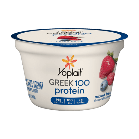 Yoplait Greek 100 Protein Mixed Berry Yogurt, front of product.