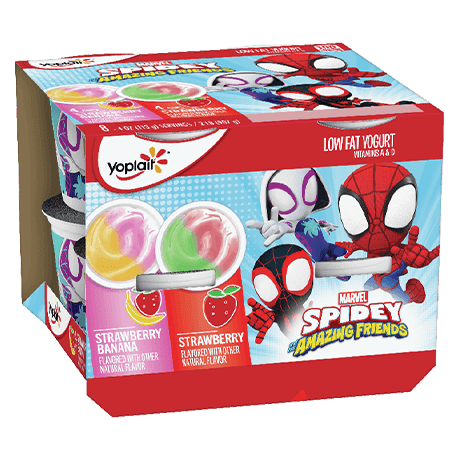 Yoplait Kid Cup 25% Less Sugar Strawberry & Strawberry Banana Yogurt, front of product.
