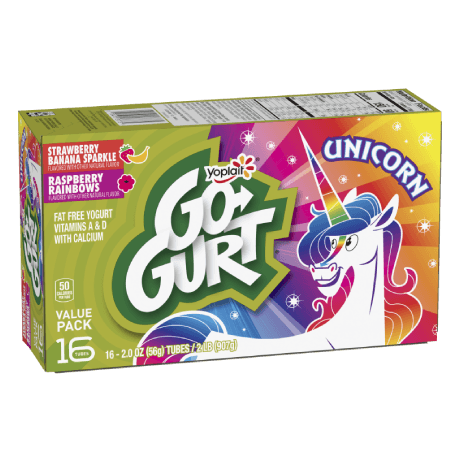 Yoplait Go-GURT 16 Count Strawberry Banana & Raspberry Yogurt Tubes, front of product.
