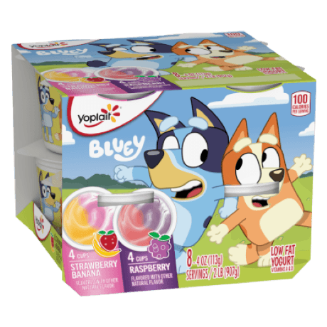 Yoplait Kid Cup Raspberry & Strawberry Banana Yogurt, front of package.