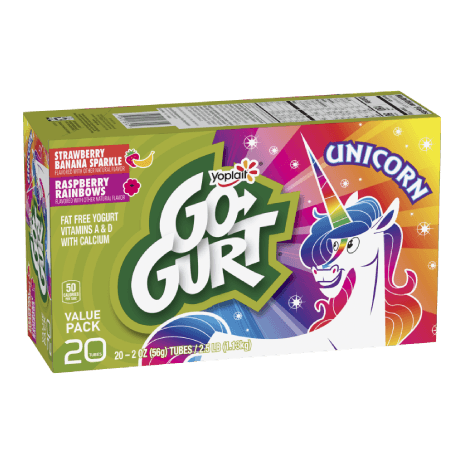 Yoplait Go-GURT 20 Count Strawberry Banana & Raspberry Yogurt Tubes, front of product.