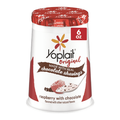 Original Raspberry with Chocolate Shavings Yogurt, front of product.