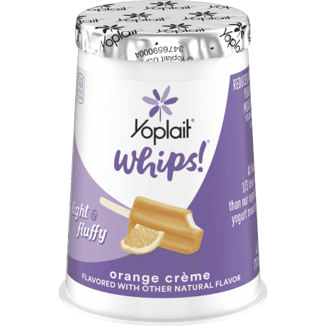 Yoplait whips orange crème, front of package.