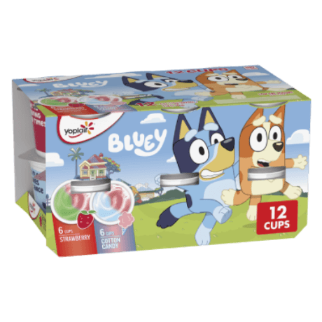 Yoplait Bluey Strawberry and Cotton Candy 12 count, front of the package.