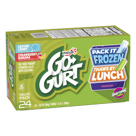 Go-GURT cotton candy and strawberry banana 24 count, front of package